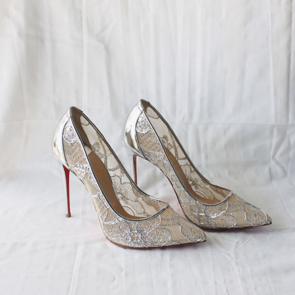 Christian Louboutin Silver Lace Pointed Toe Pumps, 37.5