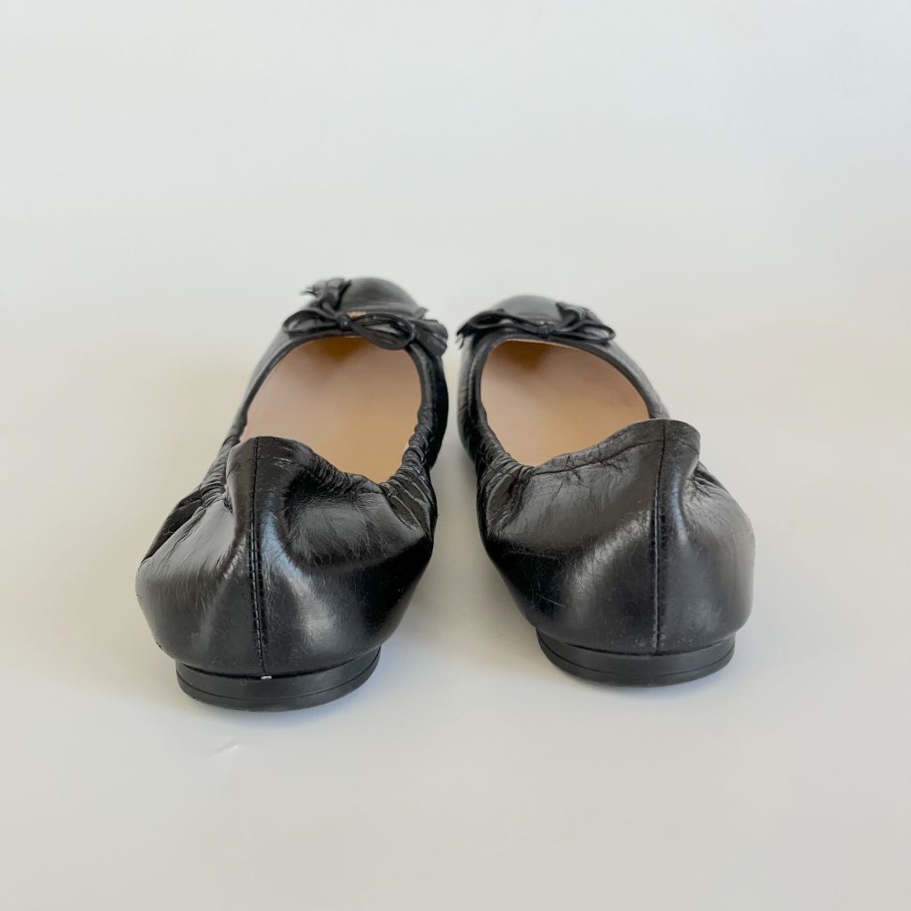 Prada Black Patent Leather Bow Scrunch Ballet Flats, 38