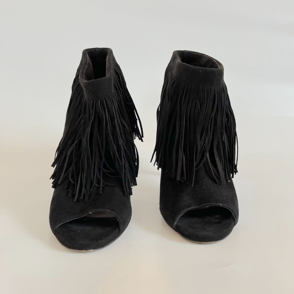 Jimmy Choo black suede peep toe fringe boots, 38