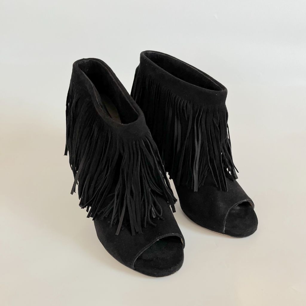 Jimmy Choo black suede peep toe fringe boots, 38 BOPF Business of Preloved Fashion