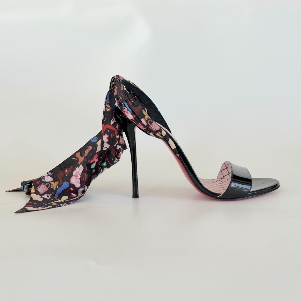 Christian Louboutin Black Patent Leather Sandal Heels with Printed Ribbon Ankle Strap, 41