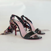 Christian Louboutin Black Patent Leather Sandal Heels with Printed Ribbon Ankle Strap, 41
