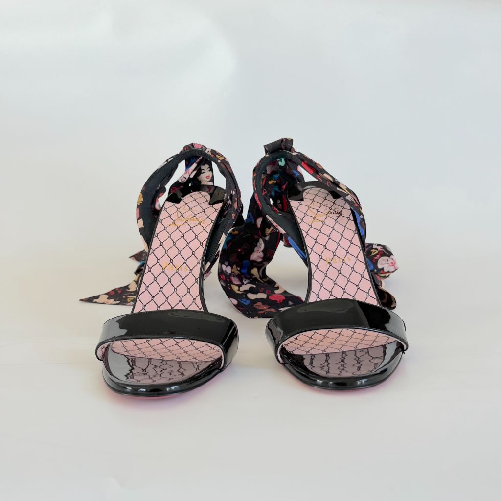 Christian Louboutin Black Patent Leather Sandal Heels with Printed Ribbon Ankle Strap, 41