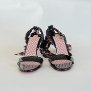 Christian Louboutin Black Patent Leather Sandal Heels with Printed Ribbon Ankle Strap, 41