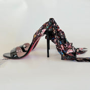 Christian Louboutin Black Patent Leather Sandal Heels with Printed Ribbon Ankle Strap, 41