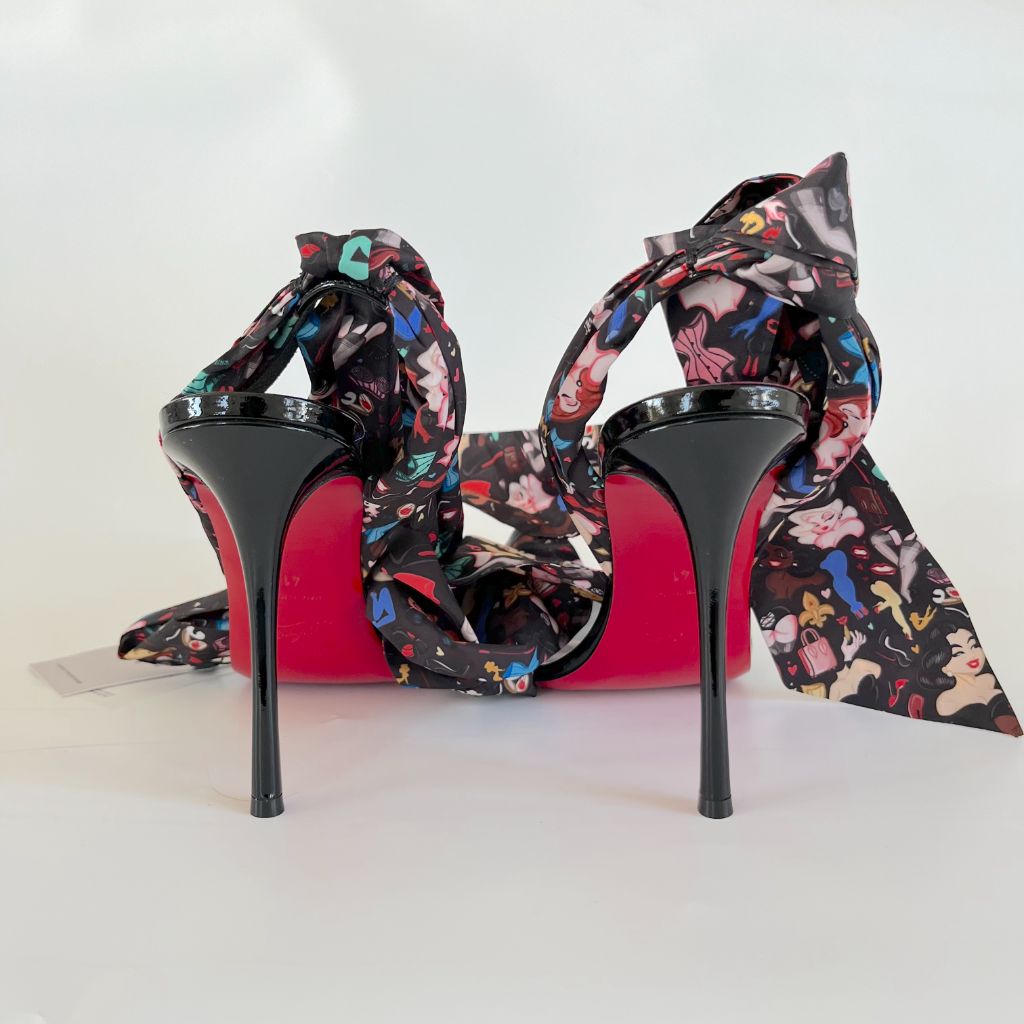 Christian Louboutin Black Patent Leather Sandal Heels with Printed Ribbon Ankle Strap, 41