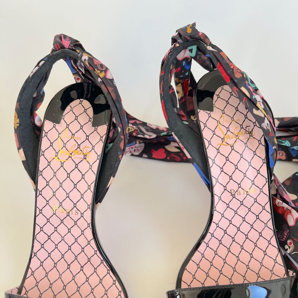 Christian Louboutin Black Patent Leather Sandal Heels with Printed Ribbon Ankle Strap, 41