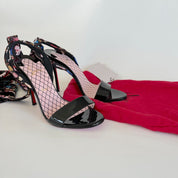 Christian Louboutin Black Patent Leather Sandal Heels with Printed Ribbon Ankle Strap, 41