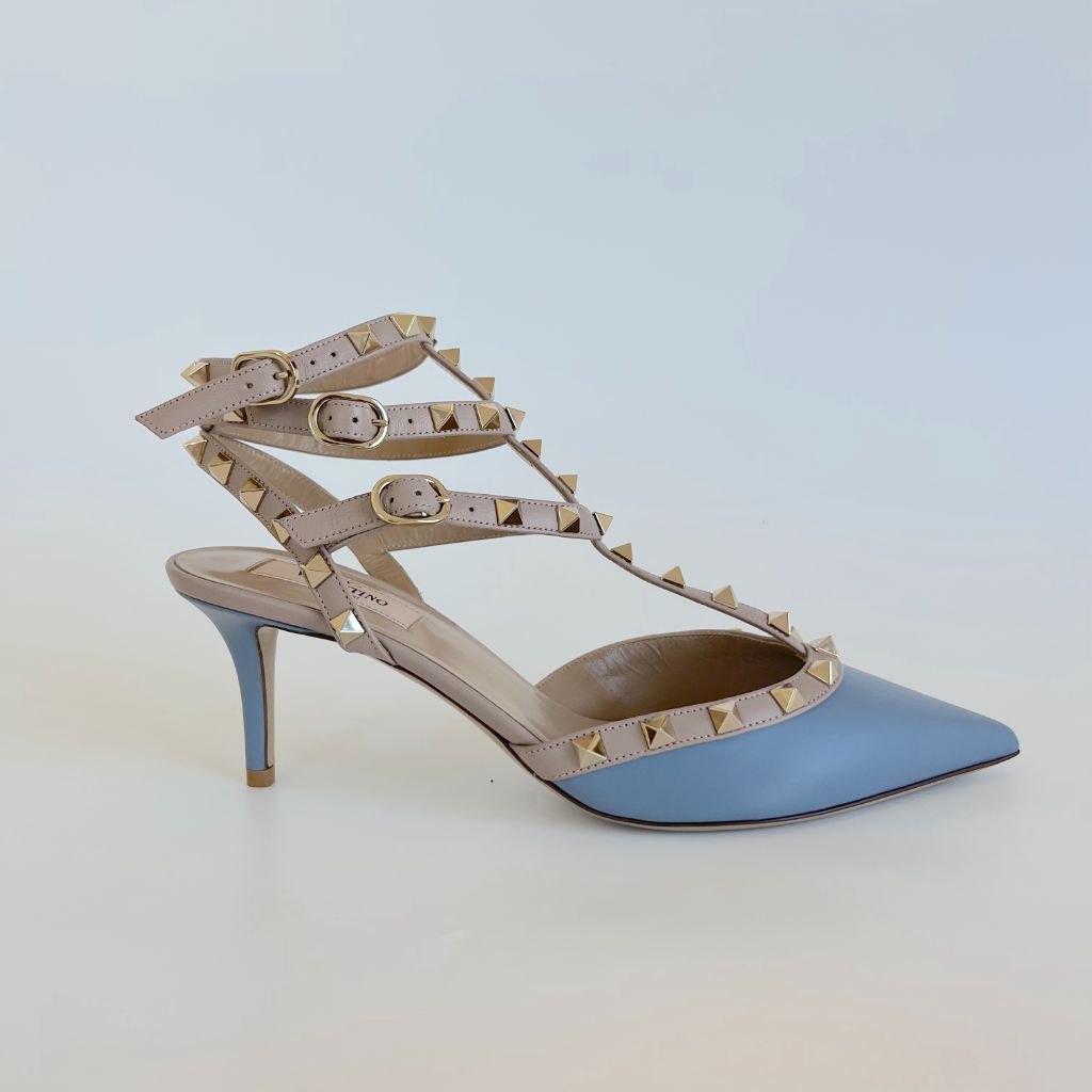 Valentino Light Blue Rockstud Pumps with Three Side Buckles, 39