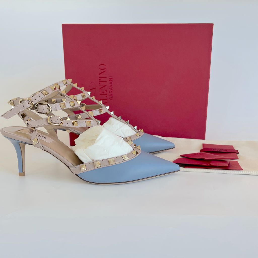 Valentino Light Blue Rockstud Pumps with Three Side Buckles, 39