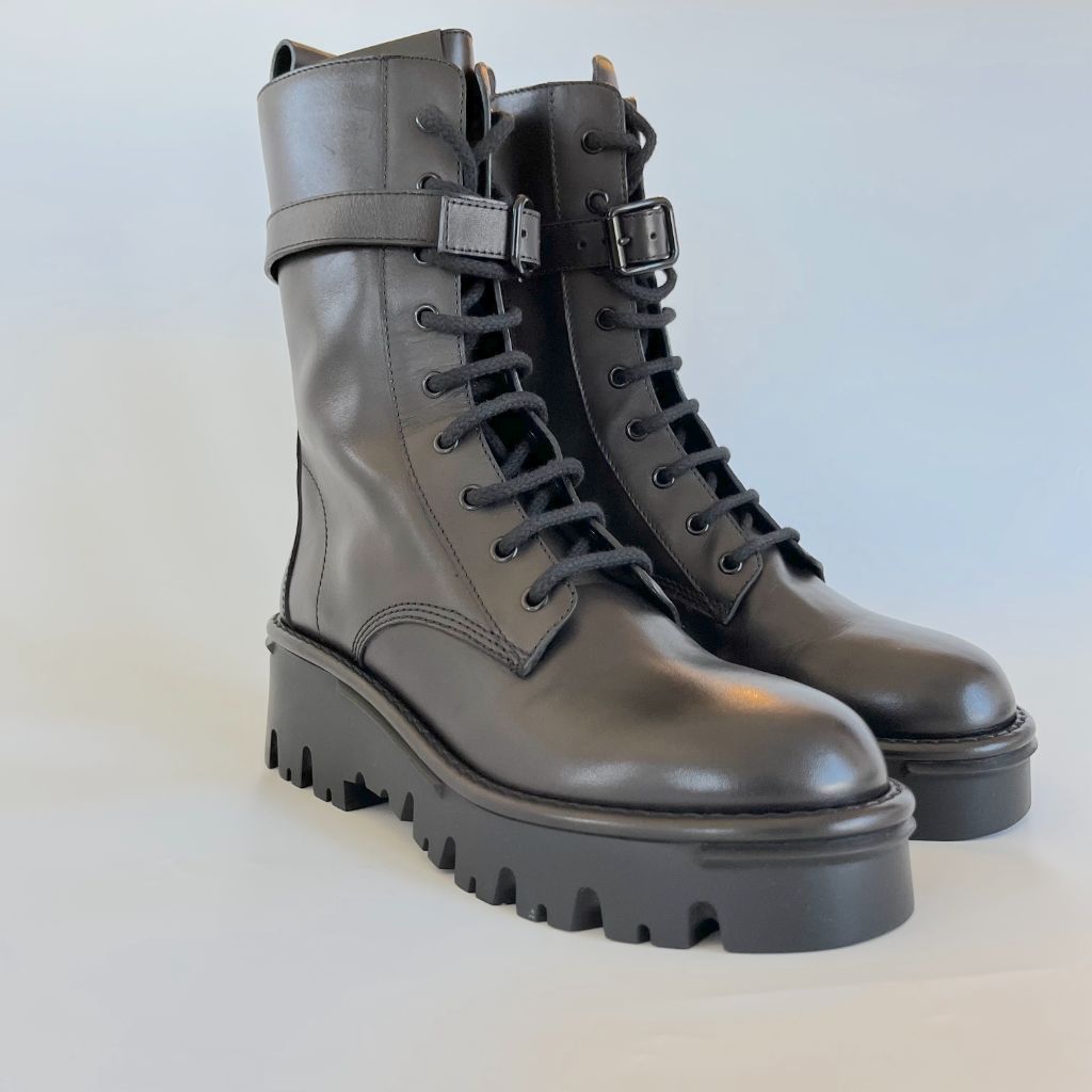 Valentino Campsite "V" Logo Leather Combat Boots, 40