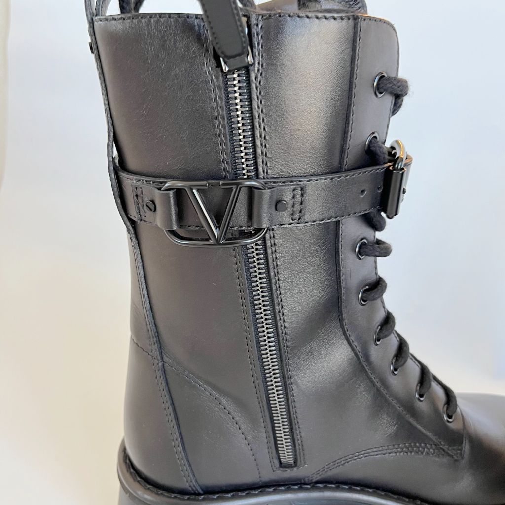 Valentino Campsite "V" Logo Leather Combat Boots, 40