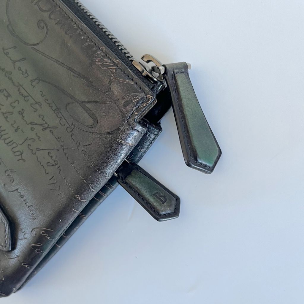 Berluti green/black script top zip rectangle pouch