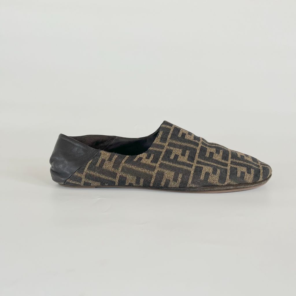 Fendi Leather-trimmed Canvas Collapsible-heel Slippers, UK7 BOPF