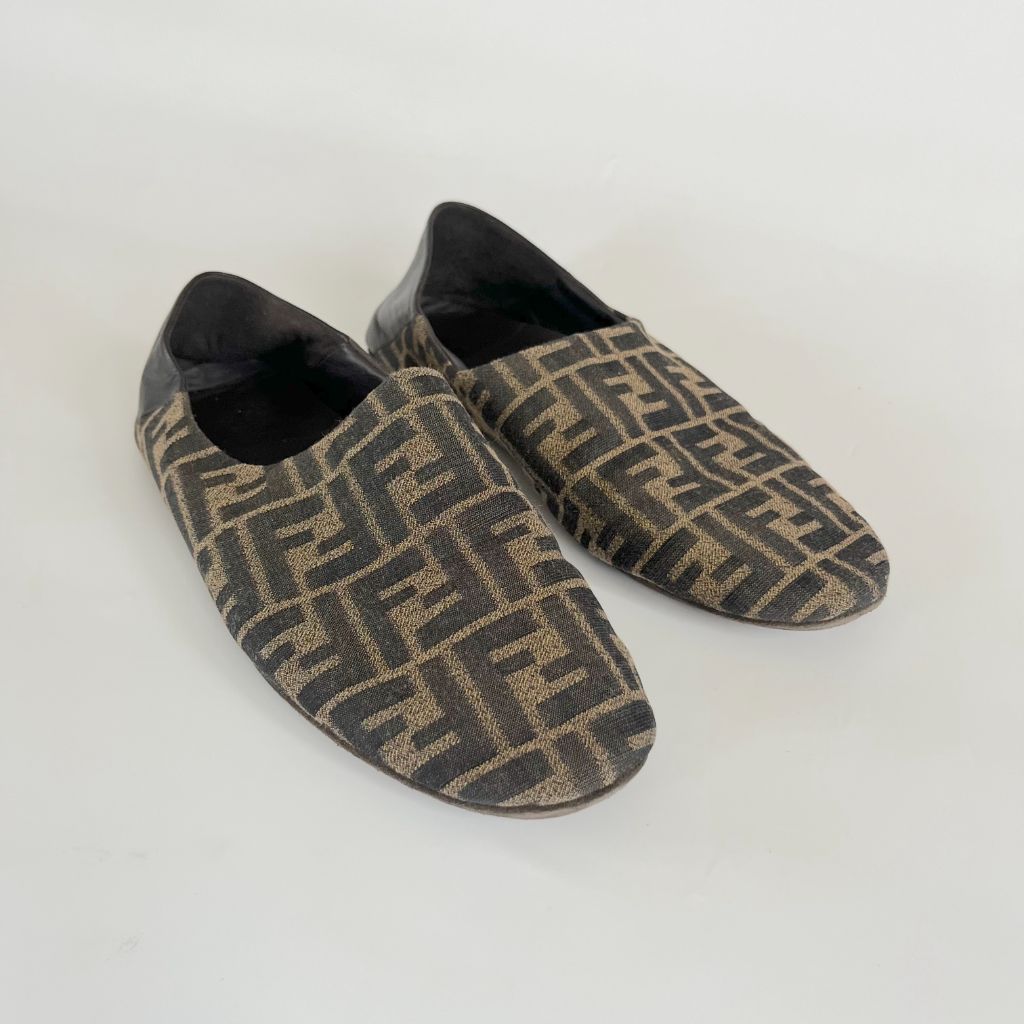 Fendi Leather-trimmed Canvas Collapsible-heel Slippers, UK7