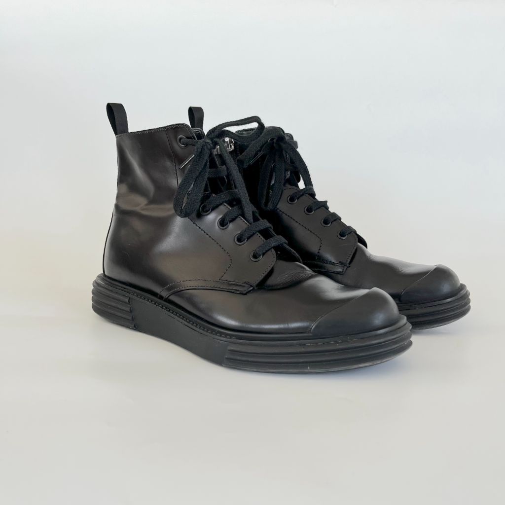 Prada black leather ankle high lace boots, 39.5