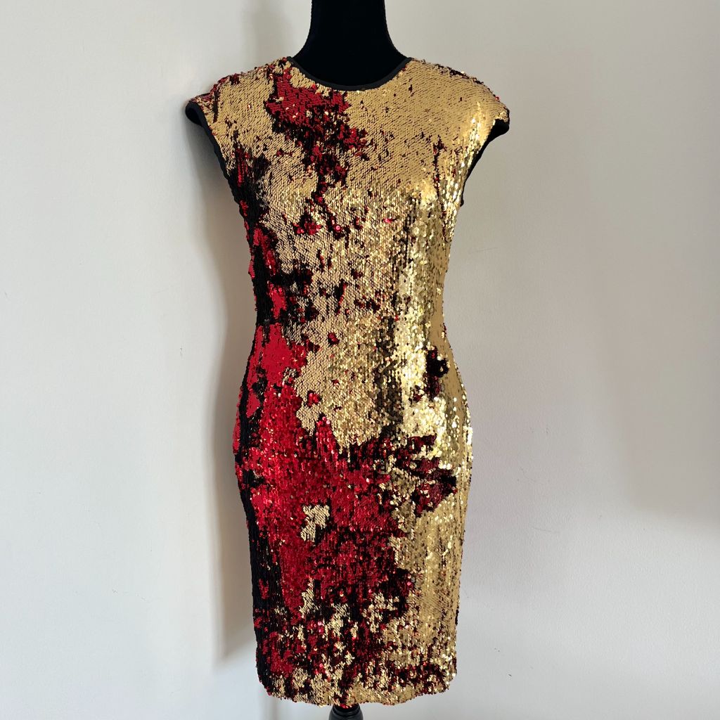 Naeem Khan Gold and Red Sequin Dress