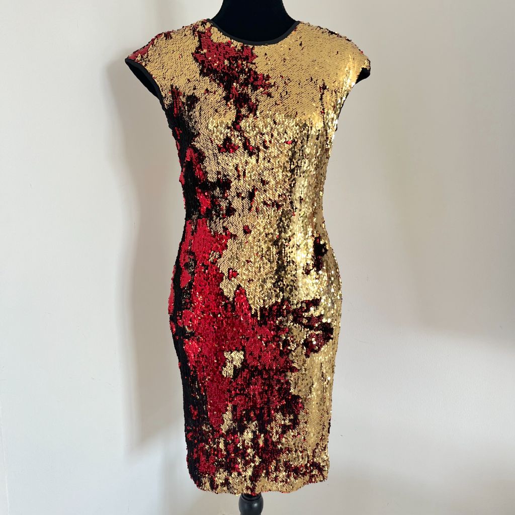 Naeem Khan Gold and Red Sequin Dress