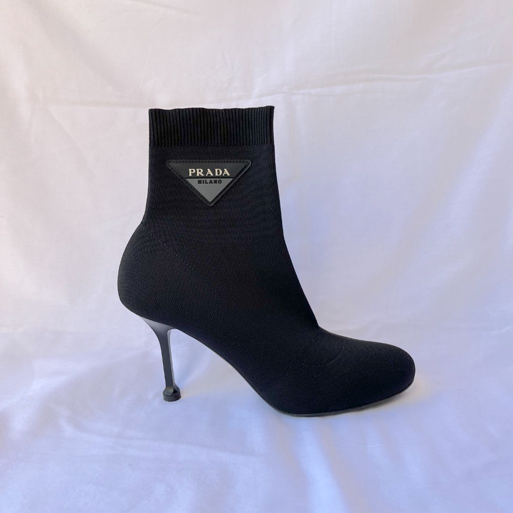 Prada Black Knit Sock Heeled Boots, 37.5