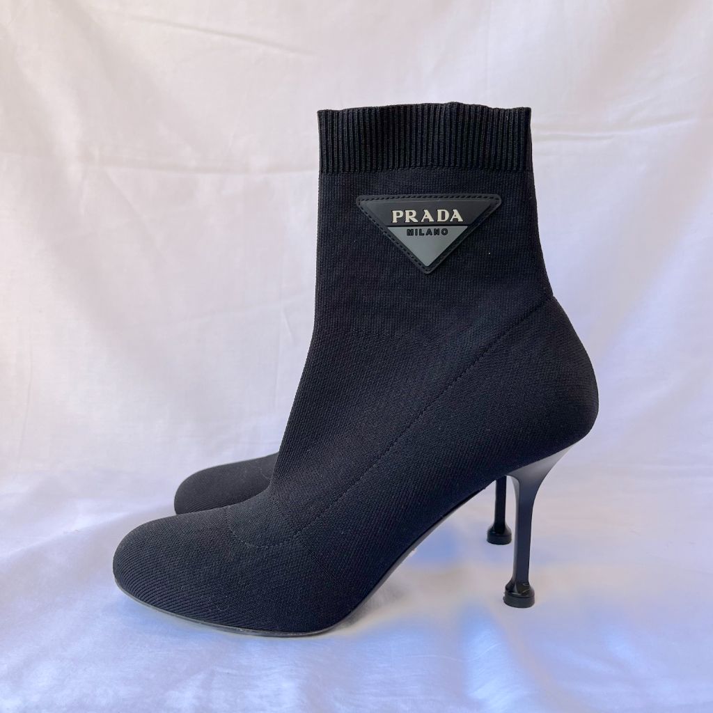 Prada Black Knit Sock Heeled Boots, 37.5