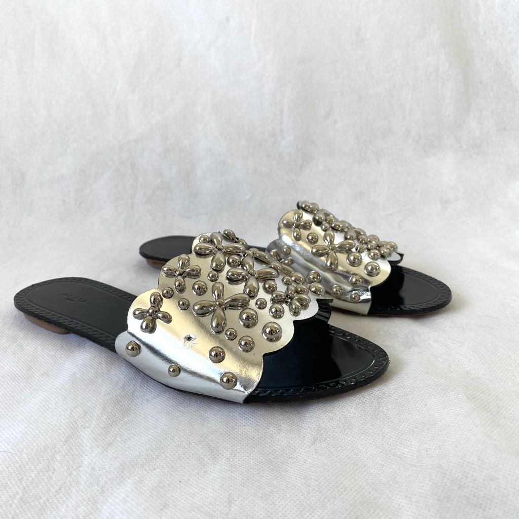 Alaia black and silver studded flat sandal slides, 39 - BOPF | Business of Preloved Fashion