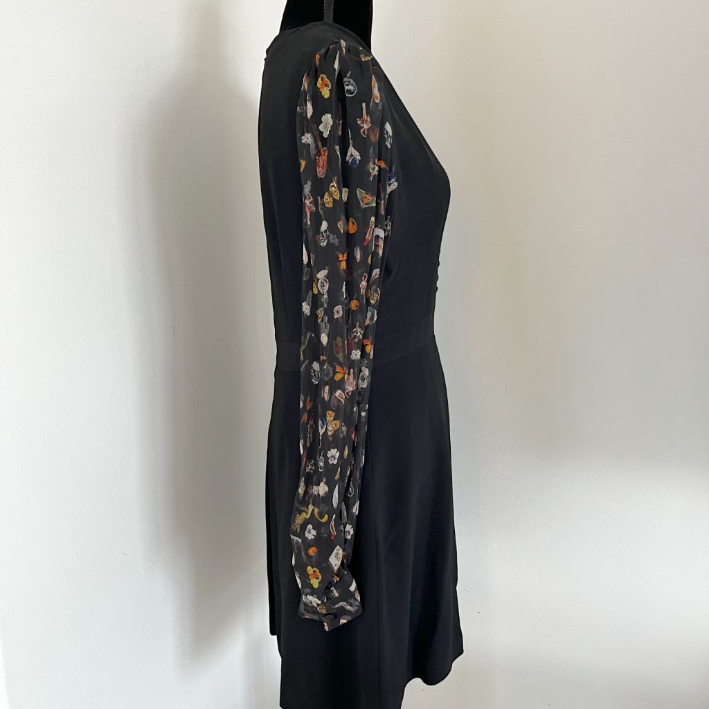 Alexander McQueen Black V Neck Dress with Buttons and Sheer Printed Sleeves - BOPF | Business of Preloved Fashion