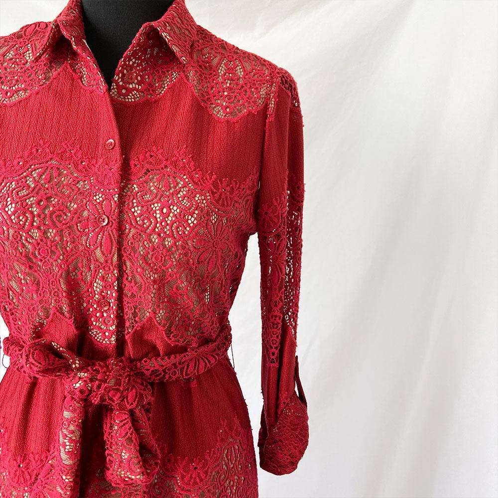 Alice + Olivia Red Floral Guipure Lace Maxi Shirt Dress - BOPF | Business of Preloved Fashion Alice + Olivia Red Floral Guipure Lace Maxi Shirt Dress - BOPF | Business of Preloved Fashion