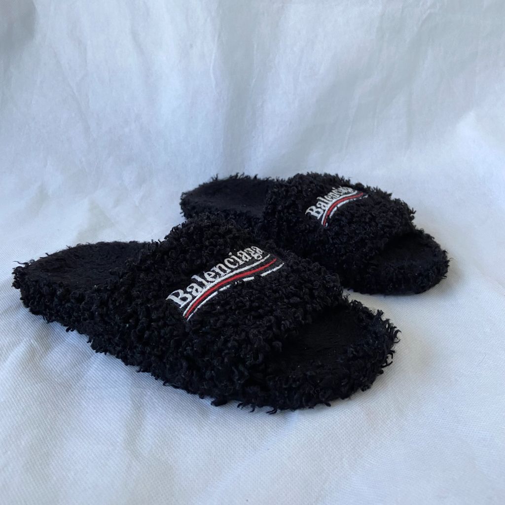 Balenciaga Logo Faux Shearling Slides, 38 - BOPF | Business of Preloved Fashion