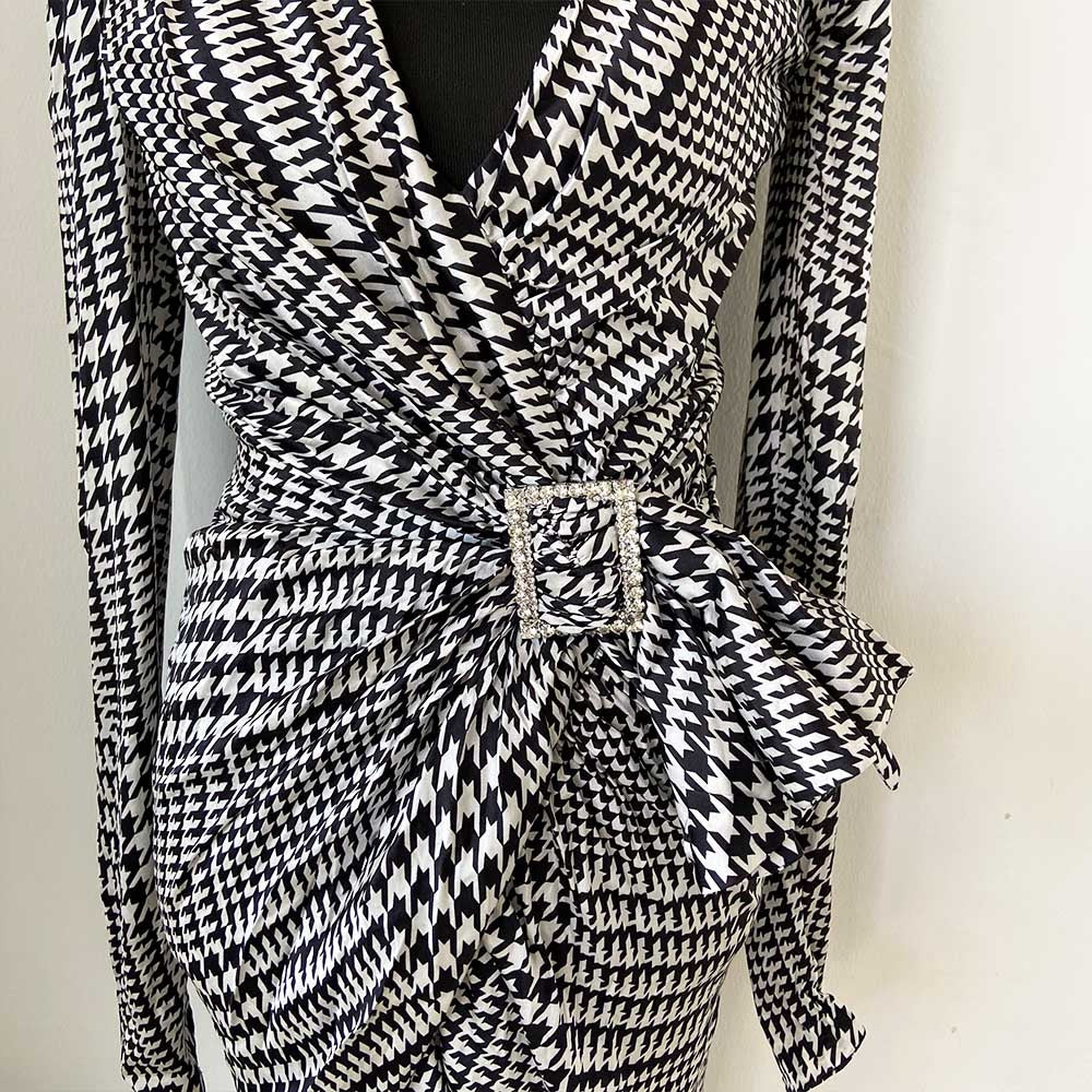alexandre vauthier houndstooth pleated dress Alexandre Vauthier V-Neck Houndstooth Print Silk Blend Mini Dress - BOPF