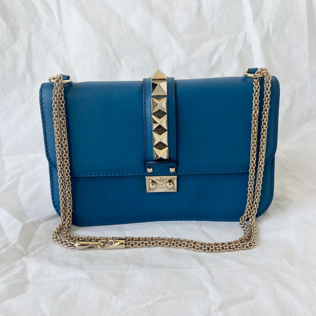 Valentino Blue Leather Medium Rockstud Glam Lock Flap Bag - Business of Preloved