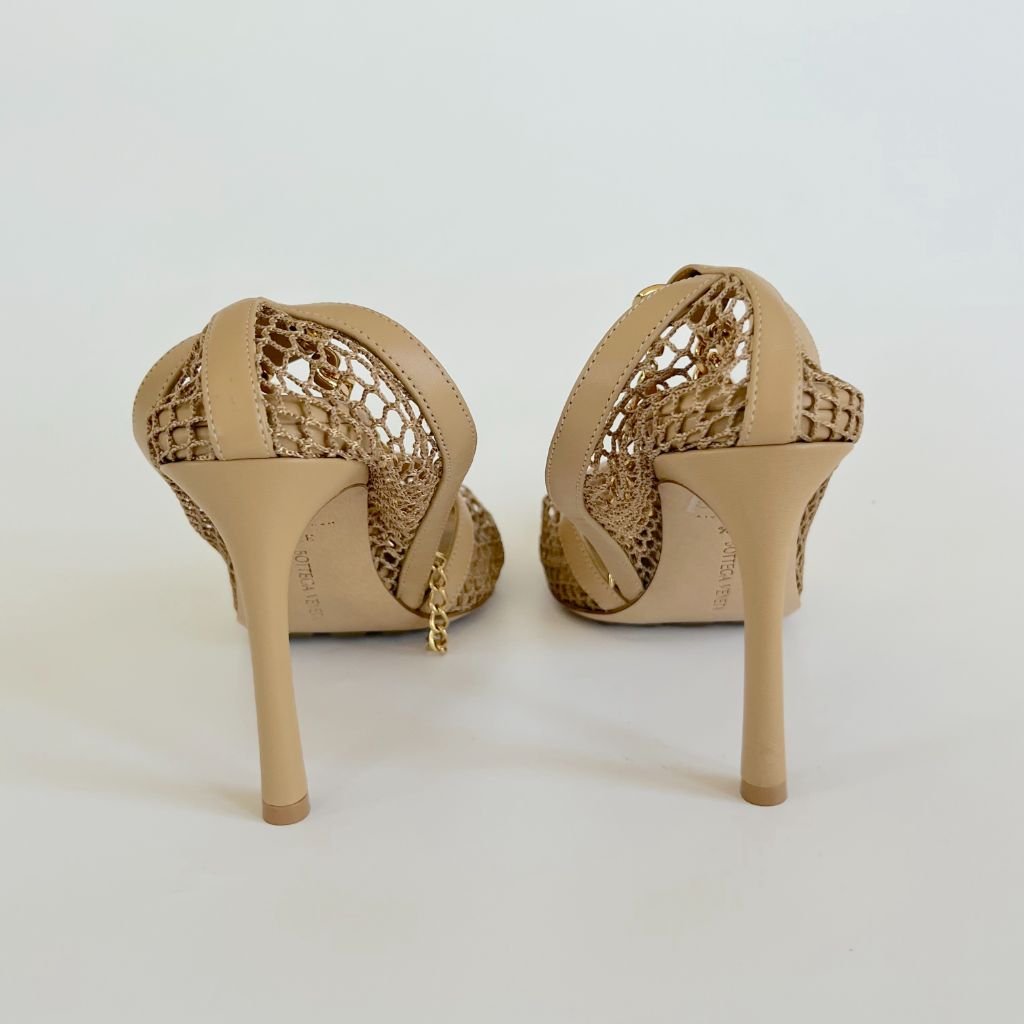 Bottega Veneta Beige Net Almond Toe Gold Chain Detail Heels, 37.5 - BOPF | Business of Preloved Fashion