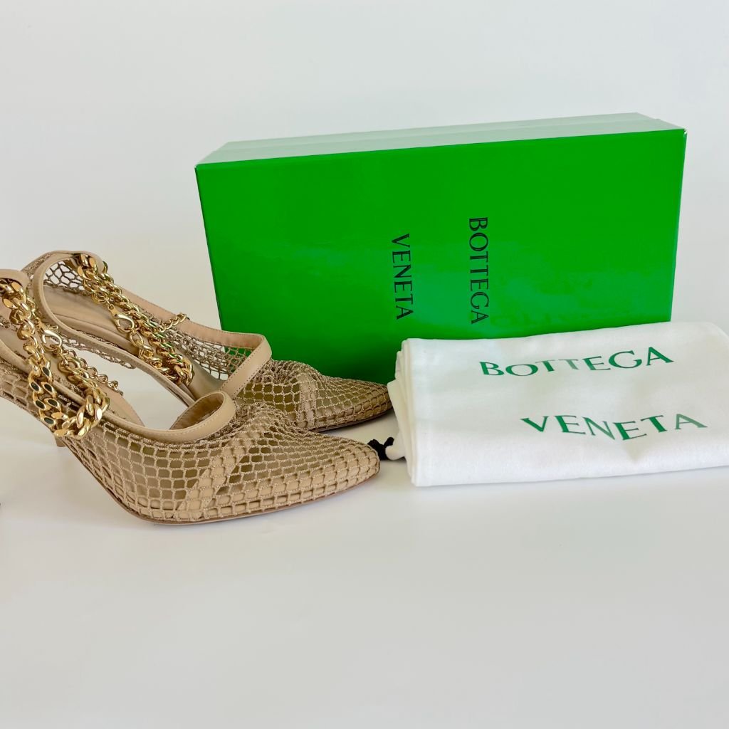 Bottega Veneta Beige Net Almond Toe Gold Chain Detail Heels,