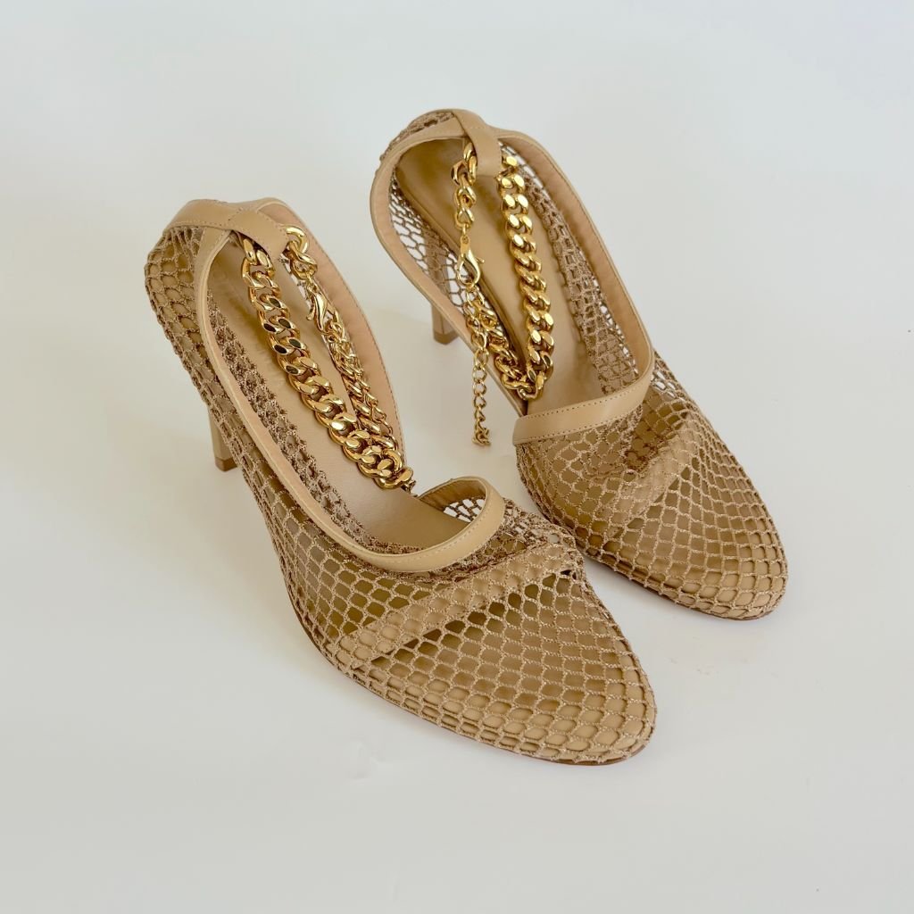Bottega Veneta Beige Net Almond Toe Gold Chain Detail Heels, 37.5 - BOPF | Business of Preloved Fashion