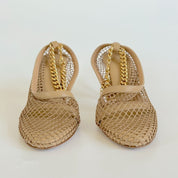 Bottega Veneta Beige Net Almond Toe Gold Chain Detail Heels, 37.5 - BOPF | Business of Preloved Fashion