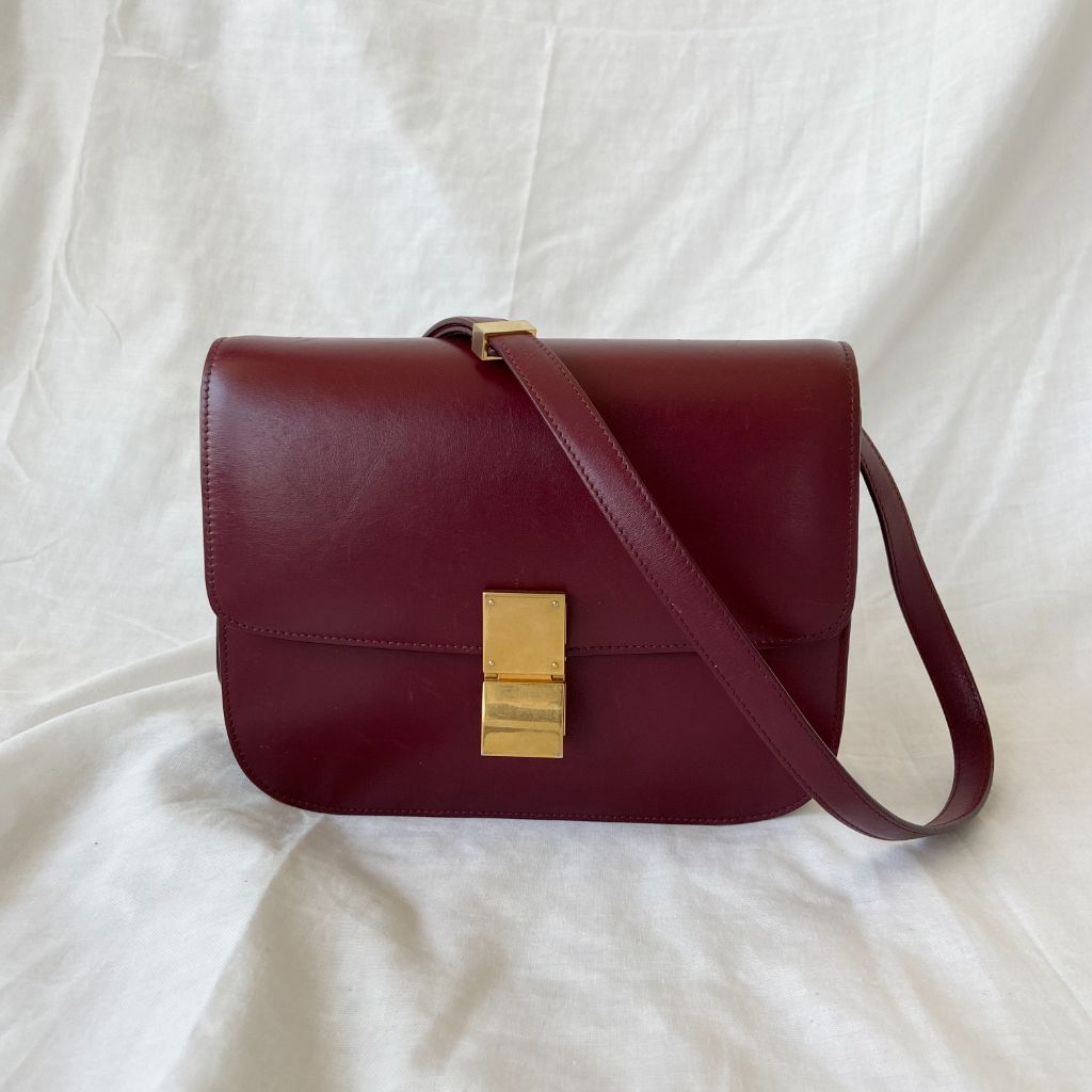 Celine Burgundy Box Calfskin Medium Classic Box Flap Bag - Shop Celine