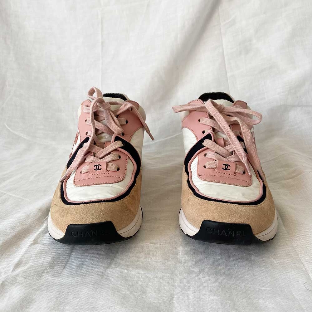 Chanel Pink/White Fabric and Mesh CC High Top Sneakers Size 37.5 Chanel