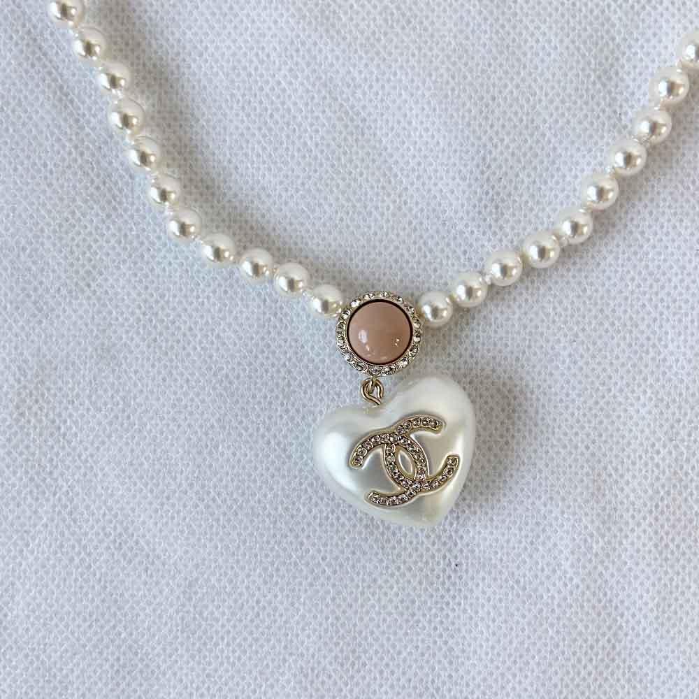 Chanel 21B Heart Pink Pearl White Crystal CC Necklace - BOPF