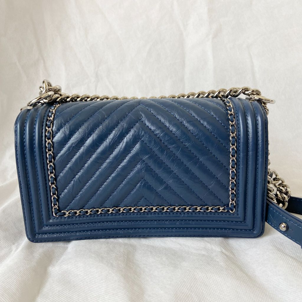 Chanel Navy Blue/Gold Woven Leather Small Reverso Boy Flap Bag