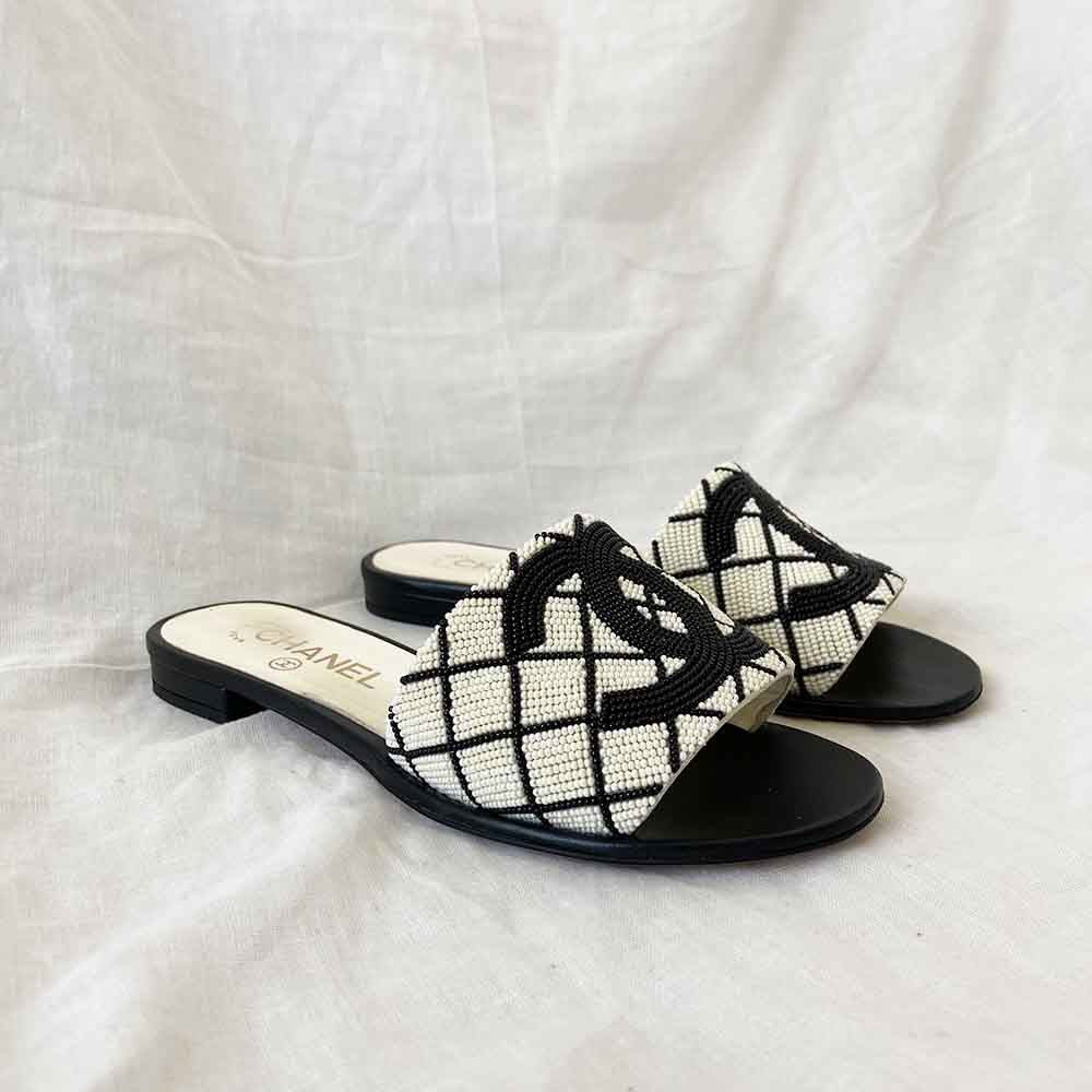 Chanel Black 20p White Pearl Embroidery Beaded Slides, 37C - BOPF | Business of Preloved Fashion