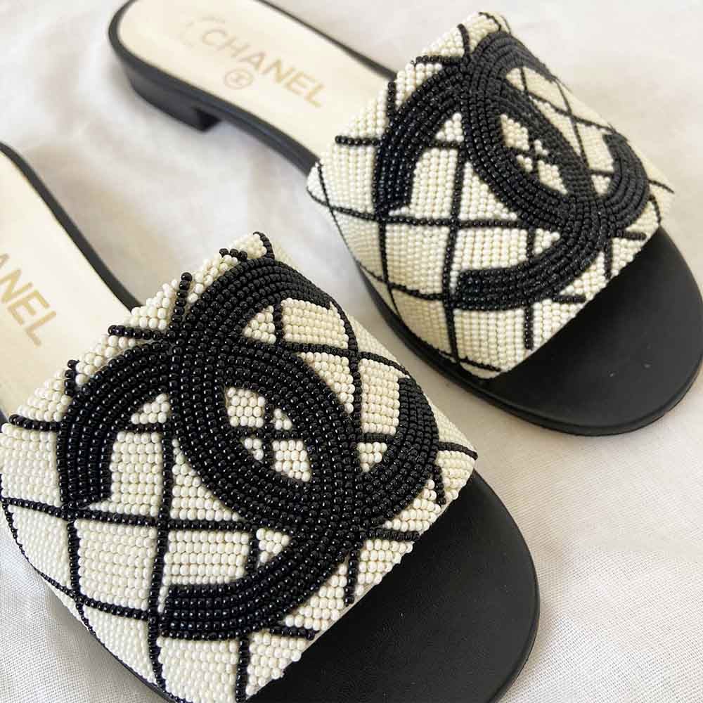 Chanel Black 20p White Pearl Embroidery Beaded Slides, 37C - BOPF