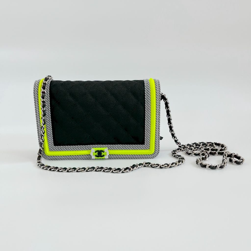 Chanel Black and Green quilted textile Fluo Boy Wallet On Chain - BOPF | Business of Preloved Fashion