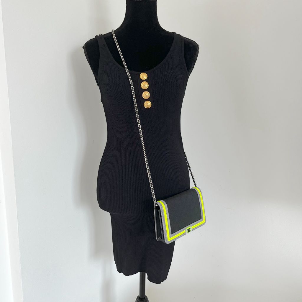 Chanel Black and Green quilted textile Fluo Boy Wallet On Chain - BOPF | Business of Preloved Fashion