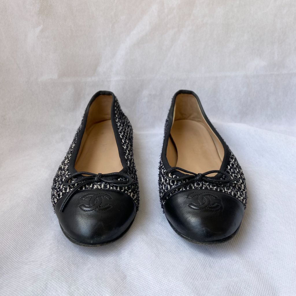 Chanel Black and White Tweed Ballerina Flats, 38C - BOPF | Business of Preloved Fashion