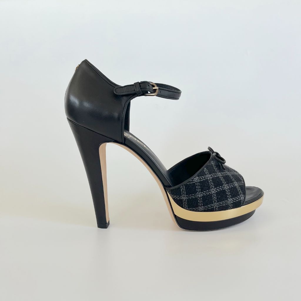 Chanel Black Checkered Embroidered Canvas Peep Toe Platform Slingback, 40.5 C - BOPF | Business of Preloved Fashion