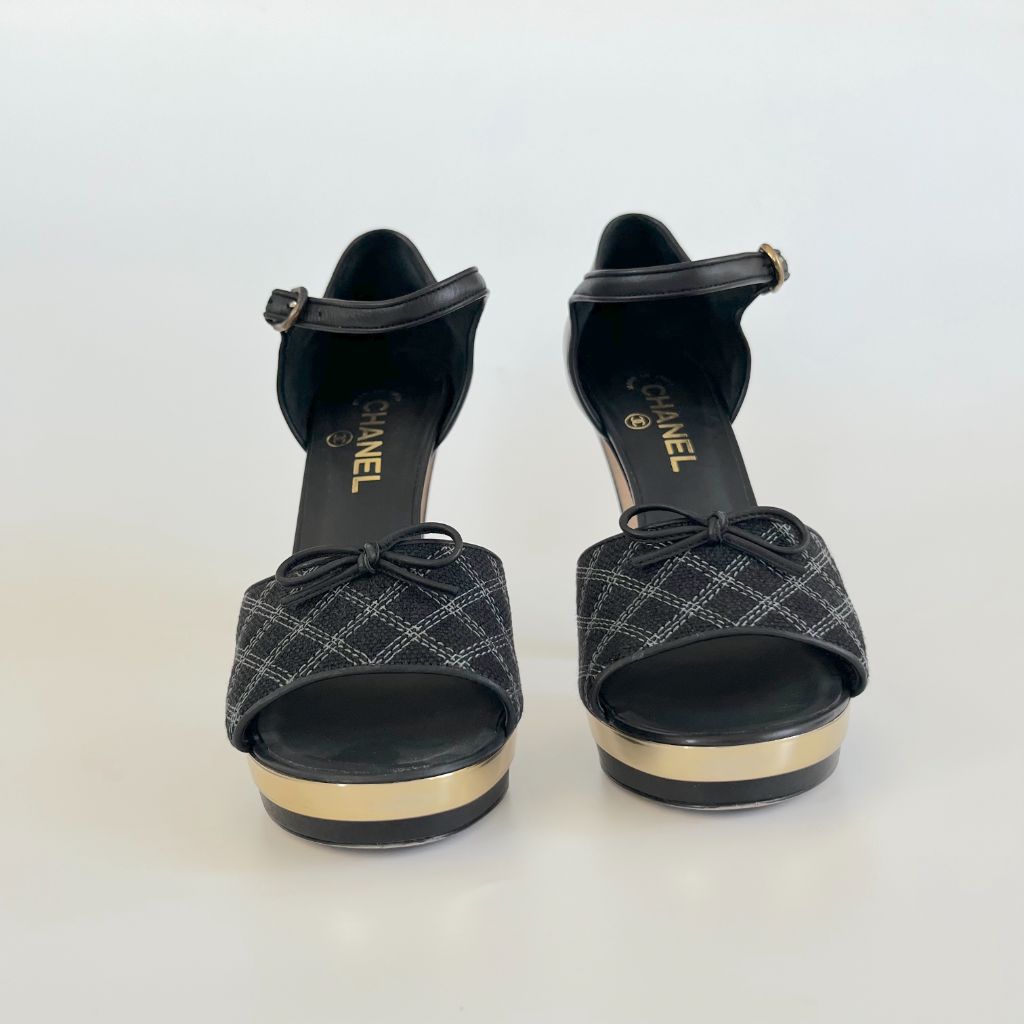 Chanel Black Checkered Embroidered Canvas Peep Toe Platform Slingback, 40.5 C - BOPF | Business of Preloved Fashion