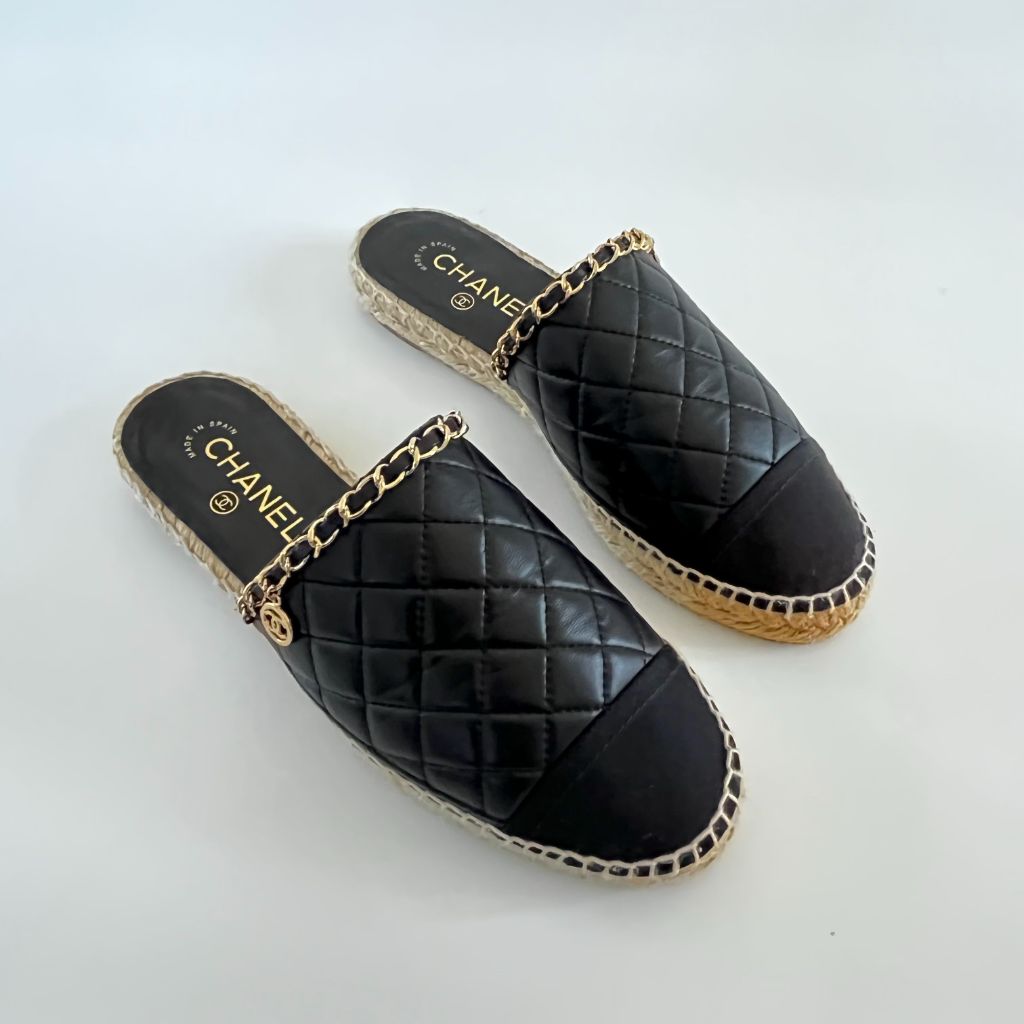 Chanel Black Espadrille Mules With Chain Detail, 39 BOPF