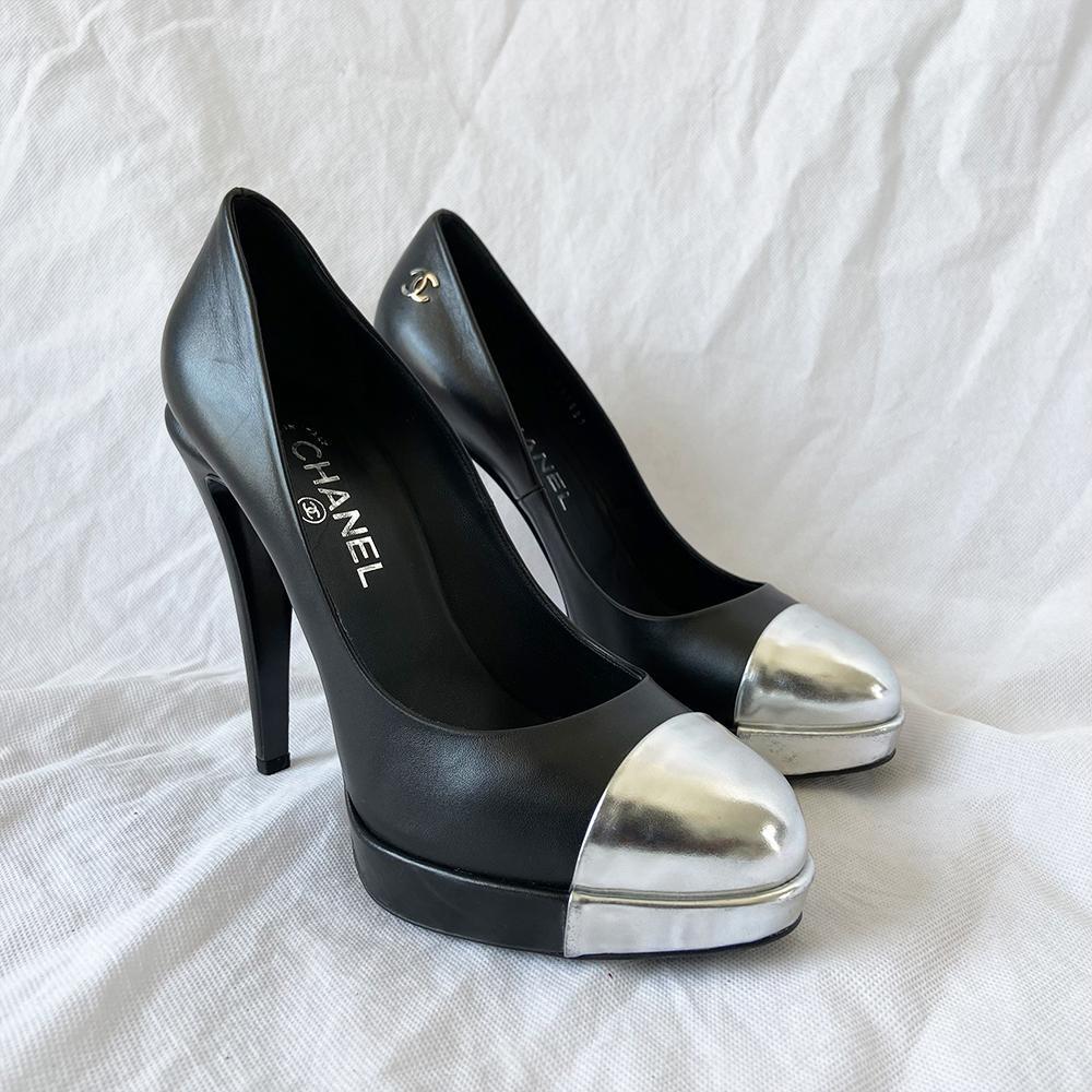 Chanel black leather silver cap-toe pumps, 41C - BOPF | Business of Preloved Fashion
