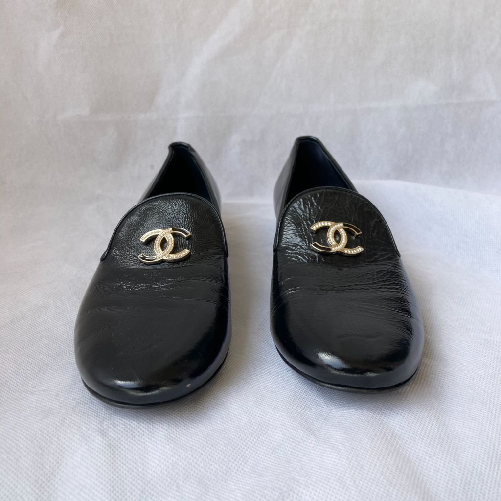 Chanel Black Patent Leather Loafers, 38.5 - BOPF