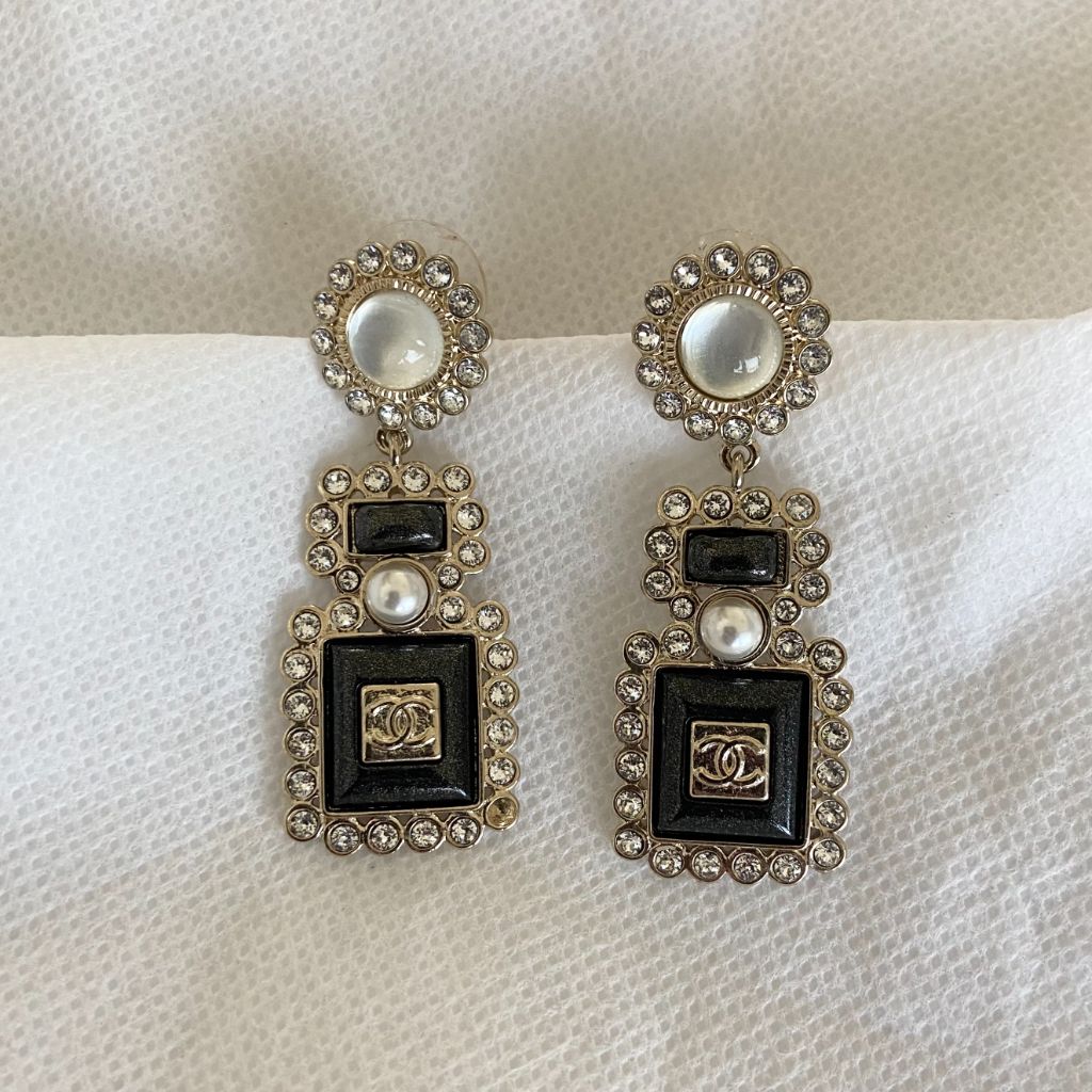 Chanel black pearl no5 perfume bottle drop large crystal border earrings - BOPF | Business of Preloved Fashion