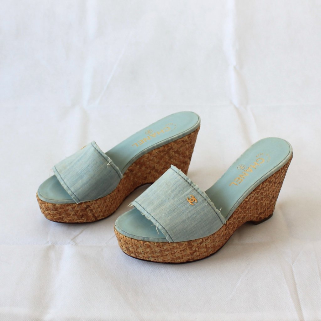 Chanel Blue Denim Open Toe Raffia Wedge Slide Sandals, 37 - BOPF | Business of Preloved Fashion